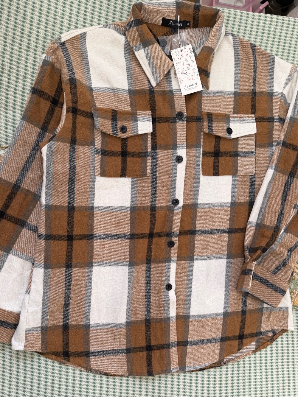 Automet Plaid Shacket Womens Medium Brown Cream Oversized Flannel Shirt Jacket